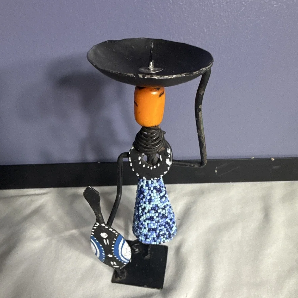 African Style Figure Candle Holder, Hand-Painted Geometric Metal, 10 in